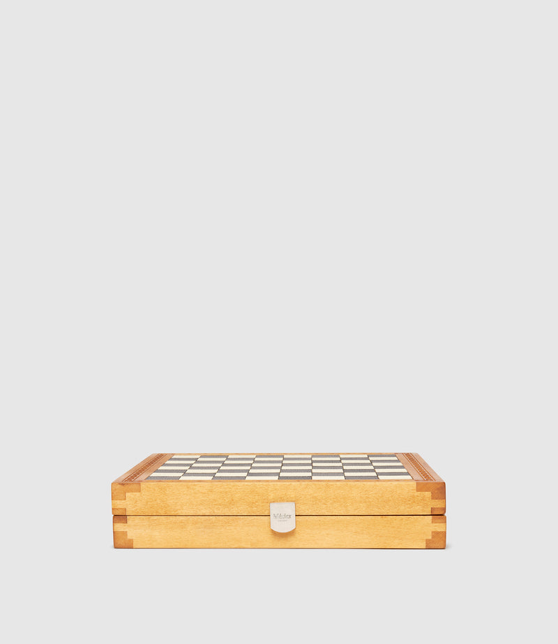 Travel Chess and Backgammon Set in Cognac Leather, Olive and Ebony Wood