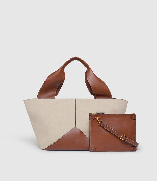 Market Weekend Bag Natural Linen With Buffalo Cognac