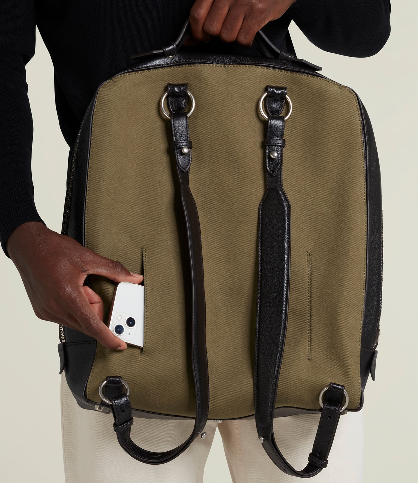 backpack twill leather Rider Backpack Military Twill Khaki with Cacao – Métier