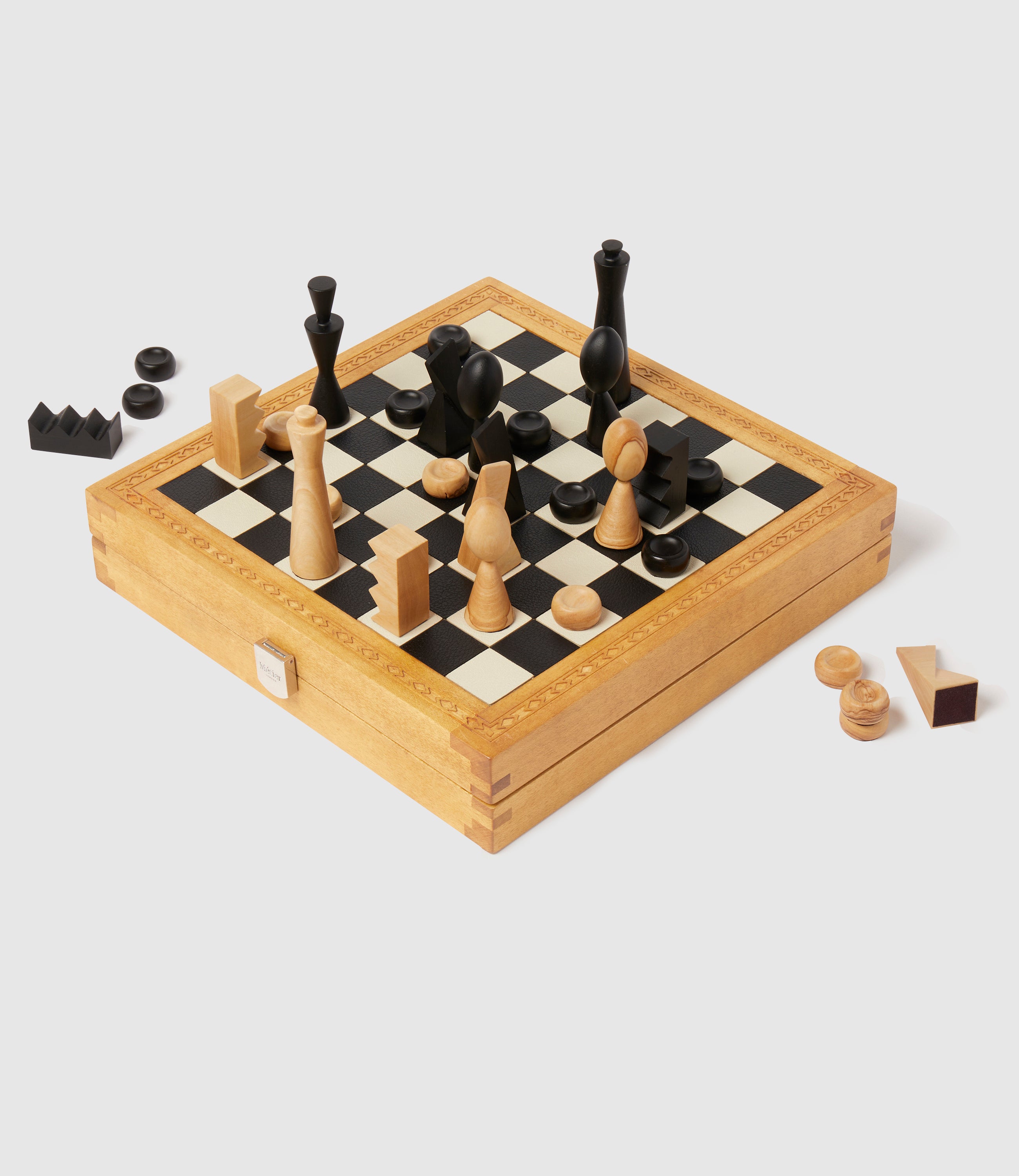 Travel Chess and Backgammon Set in Buffalo and Smooth Calfskin Leather, Olive and Ebony Wood