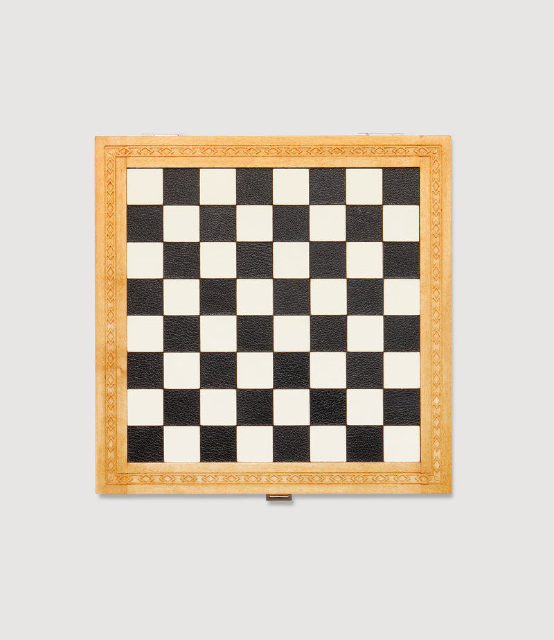Travel Chess and Backgammon Set in Cognac Leather, Olive and Ebony Wood