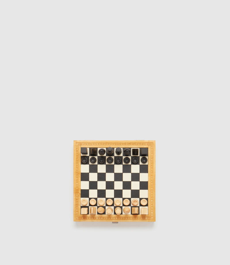 Travel Chess and Backgammon Set in Cognac Leather, Olive and Ebony Wood