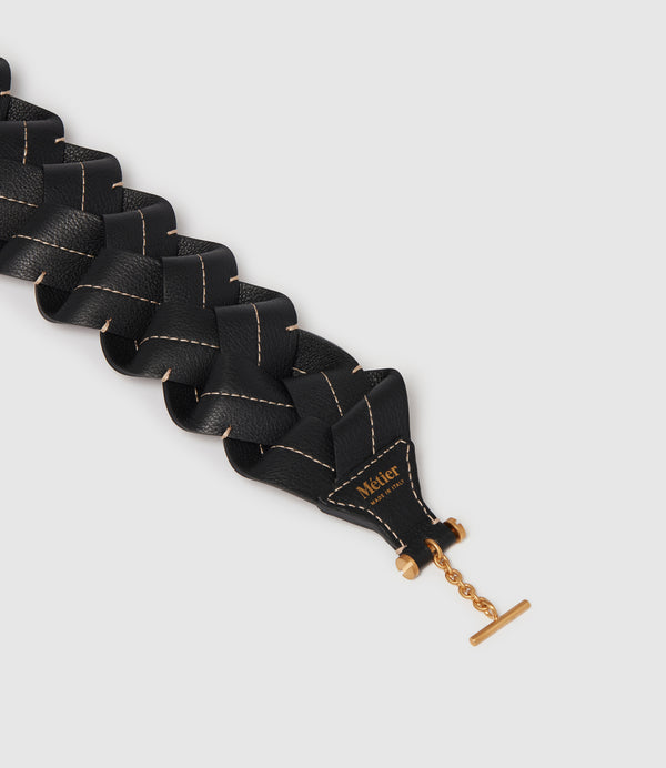 Loose Braided Strap Smooth Calfskin Black with White Stitching